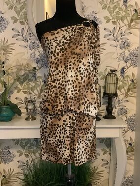 Cache One-Shoulder Leopard Print Dress in Brown and Black